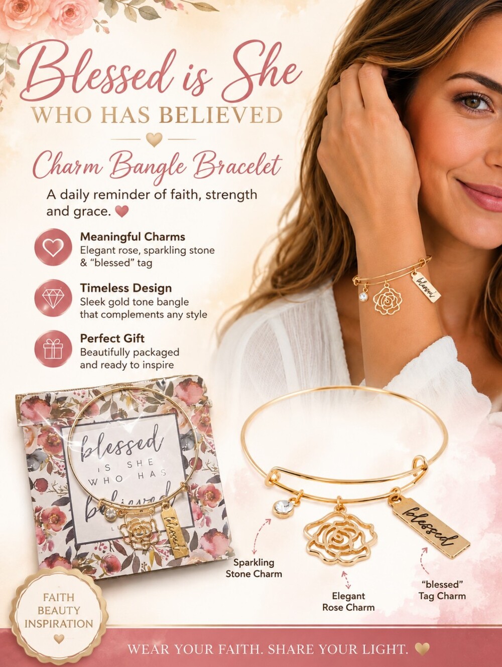 Blessed is She Who Has Believed Gold-tone Adjustable Bangle Bracelet